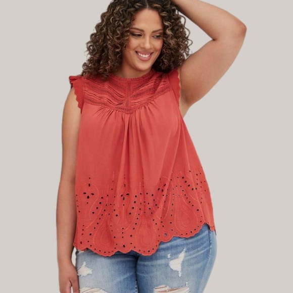 Torrid Eyelet Pintuck Detail Top Plus SZ 5X Burnt Orange Feminine Boho Festival - Picture 4 of 16